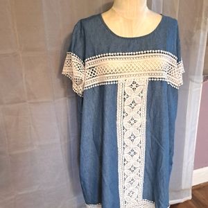 Denim & Lace Dress by C.O.C Cotton Short Sleeve Womens Plus Size 1XL